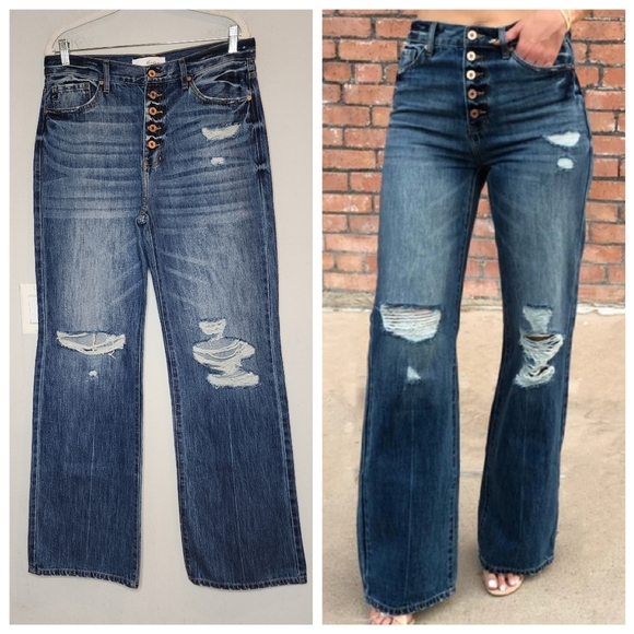 Kancan 90s flare highrise distressed rigid jeans. Size 11/29. Medium wash - Picture 1 of 16